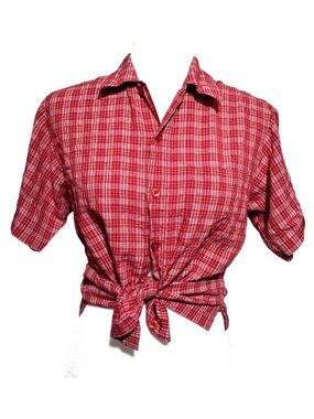 Pineapple Connection Button Up Shirt Women Small Red Plaid Short‎ Sleeve Rayon